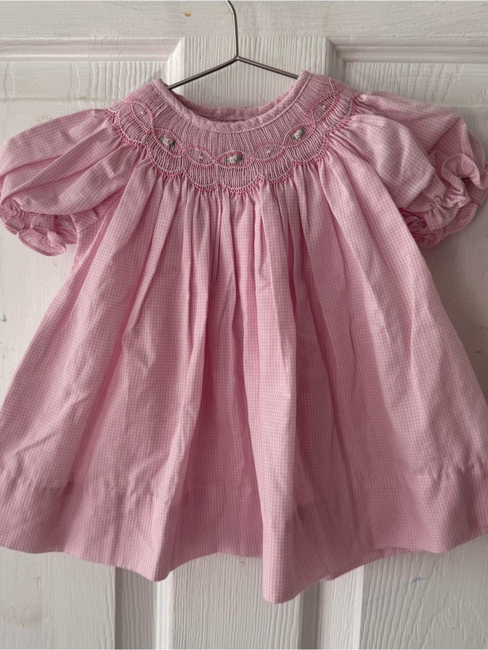 Petit Ami Light Pink Smocked Baby Dress with Embroidery newborn girl checked